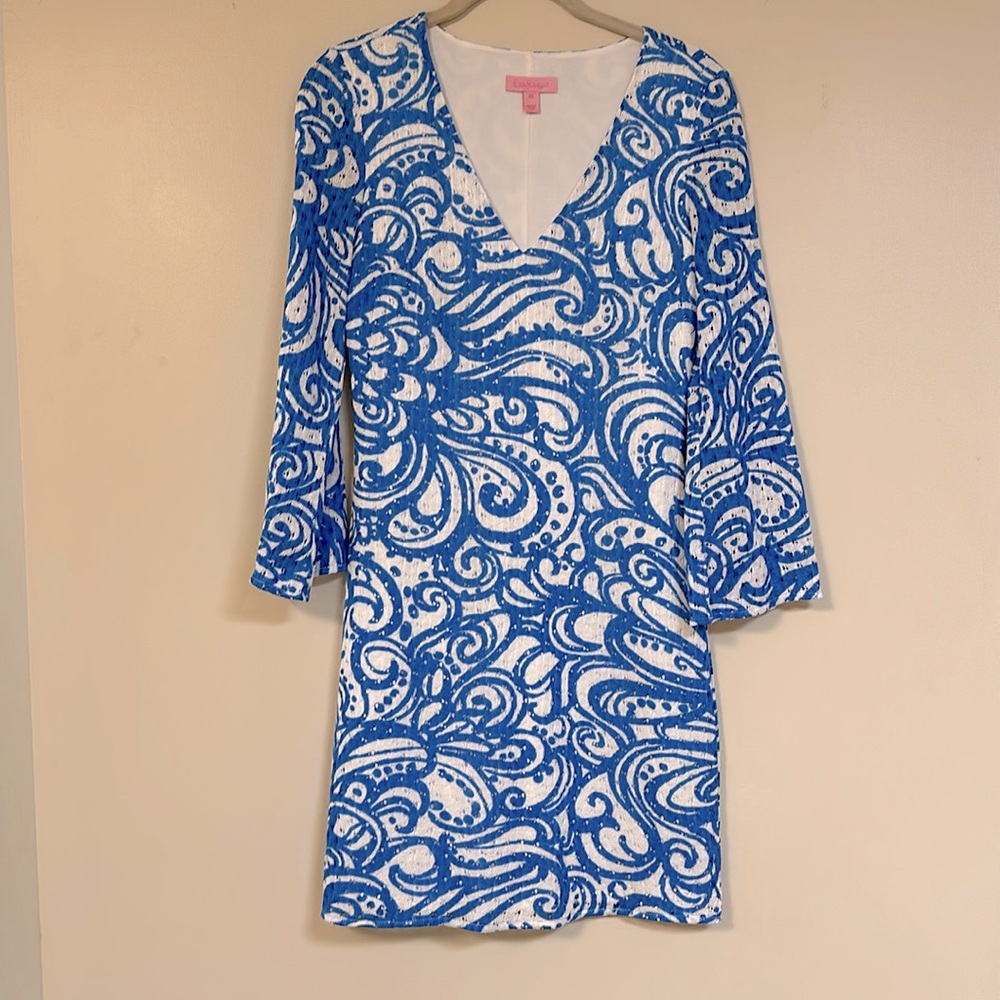 Lilly Pulitzer, blue and white dress with bell sleeves